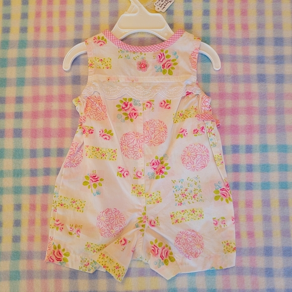 KRU LAYETTE 💐 Sweet Little Pink 'n Green Floral Sleeveless Romper w/Bows  0-3M - Picture 13 of 16